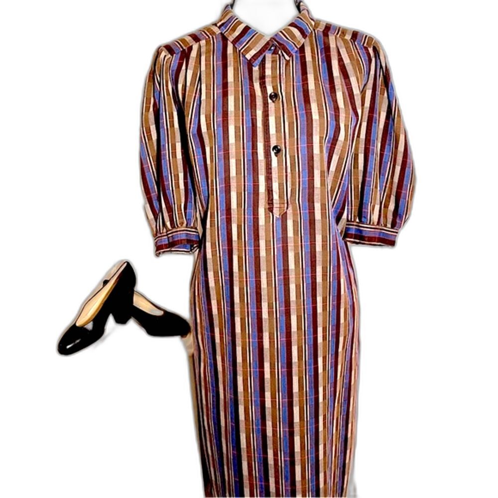 #D2 Handmade 70s Vintage Plaid Puff Sleeve Shirt Dress with Pockets Sz XL+